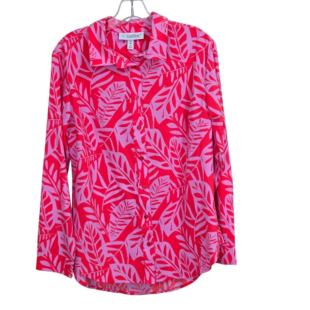 Coolibar shirt Women Medium Pink Red Tropical Leaf Print UPF 50+ Lightweight